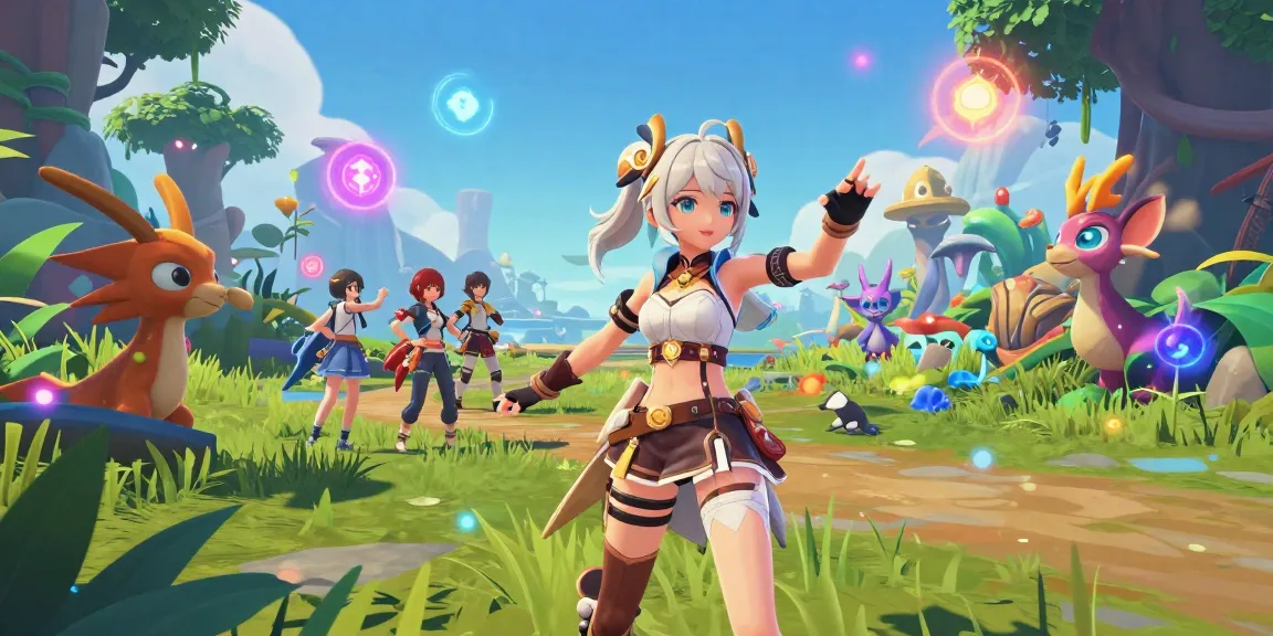 Engaging scene showcasing a female protagonist in a female hentai game, exploring a colorful fantasy world with friends.