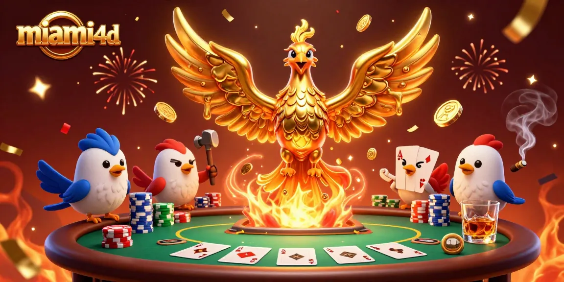 Experience the golden rewards of miami4d gaming with a molten phoenix, poker elements, and festive echoes.