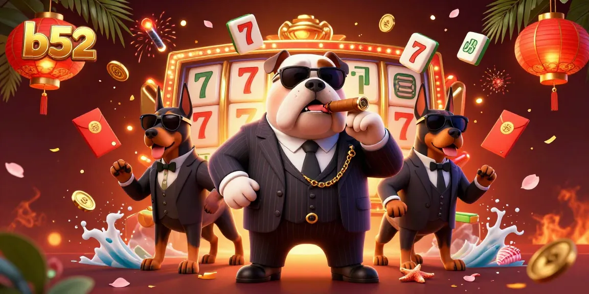 B52 casino illustration showcasing a mafia bulldog with jackpot elements, thrilling gaming atmosphere for players.