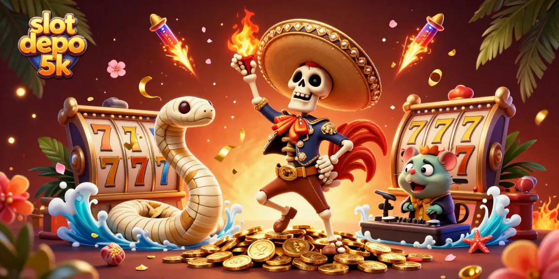 Experience the excitement of slot depo 5k with dynamic illustrations of winning characters and vibrant casino elements.