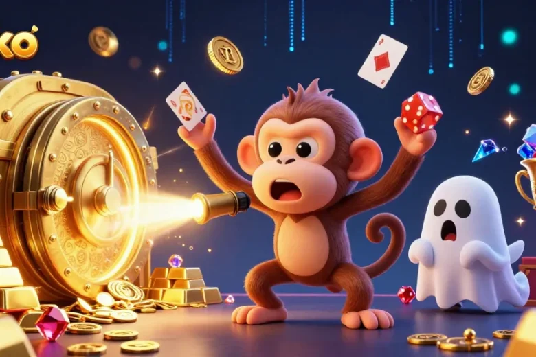 Join the fun at Jiliko with a mischievous monkey and a curious puppy in a dynamic casino scene.