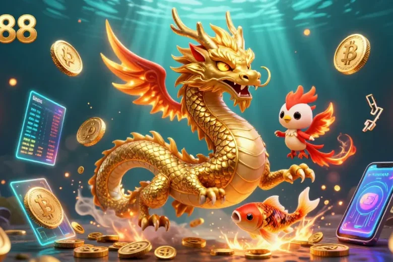 Win with PG88 in an enchanting casino scene featuring vibrant characters and crypto elements.