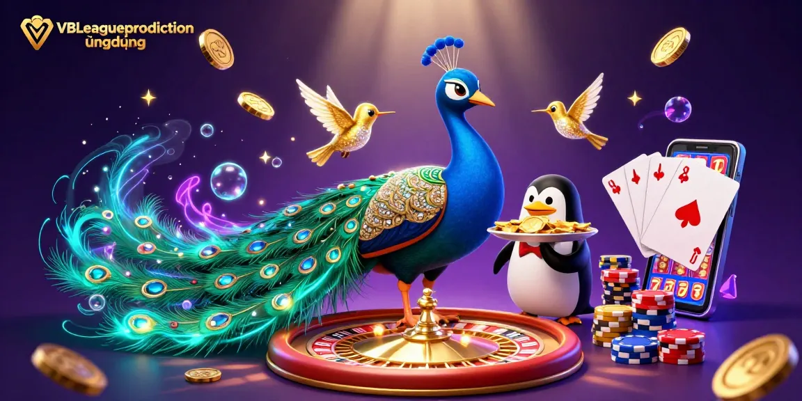 VBLeaguepredictionứngdụng showcases a vibrant casino scene with peacock, butler penguin, and hummingbird amid sparkling chips and coins.