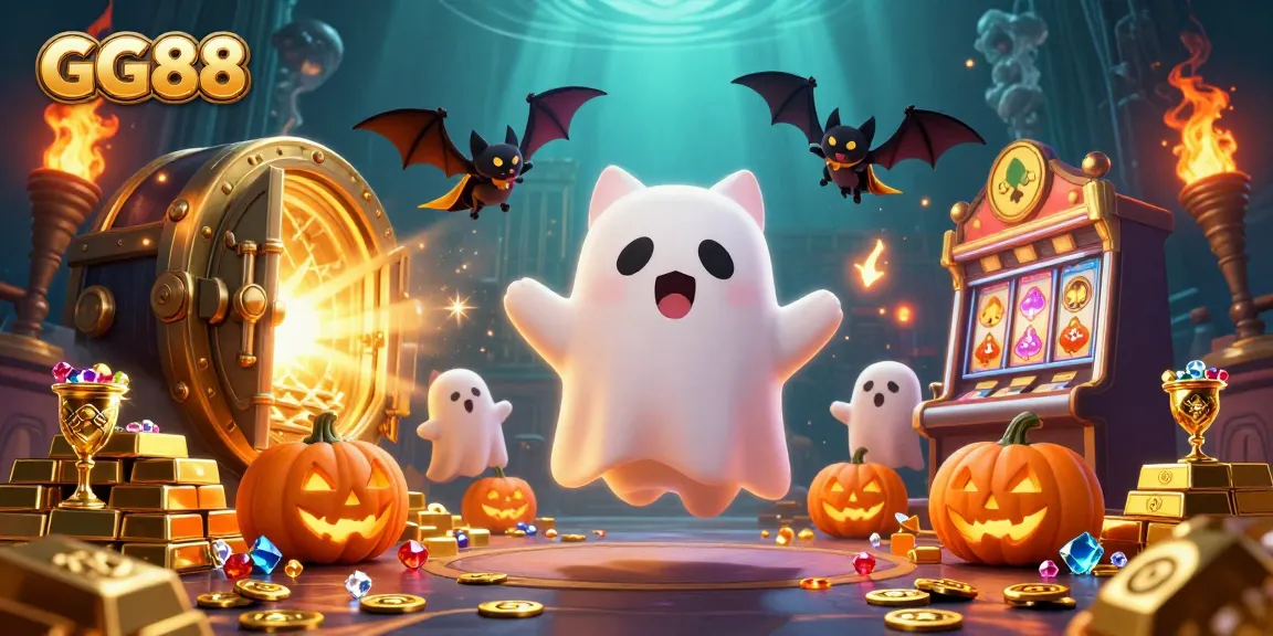 Experience the thrilling ambiance of GG88's haunted casino with ghostly characters and glowing treasures.