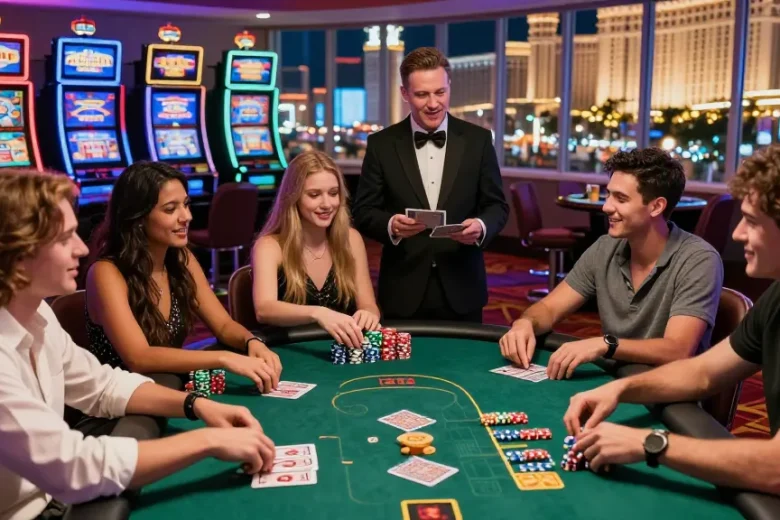 Friends enjoying a lively poker game at the casino, showcasing fun88casino experience with vibrant atmosphere and camaraderie.