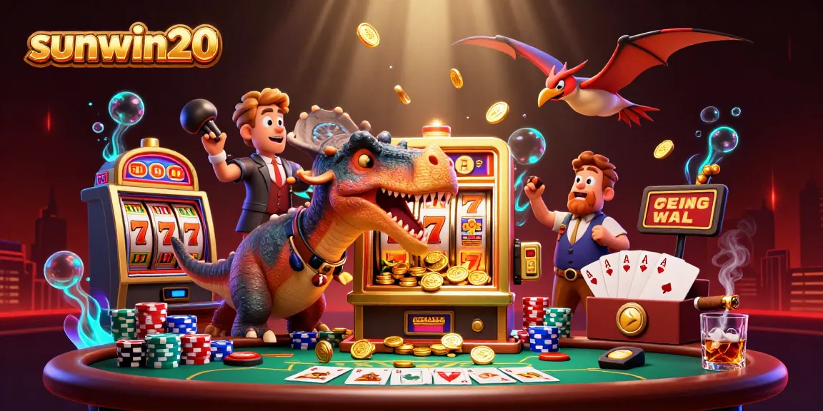 sunwin20 features a pachycephalosaurus hitting a slot machine for a jackpot, dynamic casino scene.