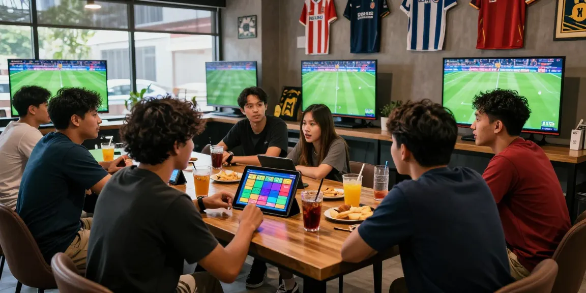 Exciting social atmosphere of Taruhan Mix Parlay Bola88 at sports lounge with friends watching live football.