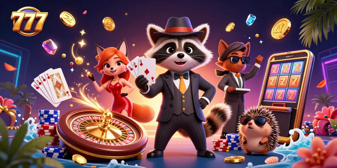 Experience the thrill of hitting 777 on slot machines with a raccoon in a suit, lively fox lady, and hedgehog bouncer.