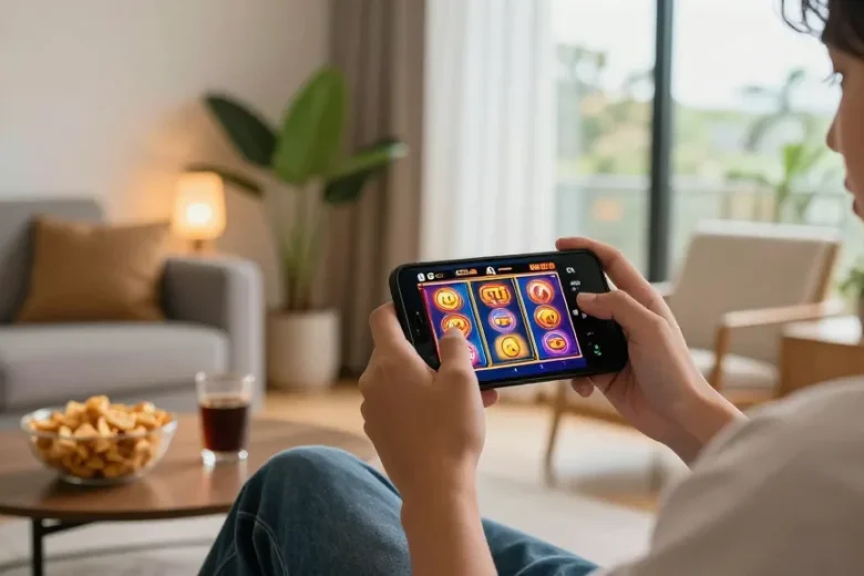 Pengguna menikmati permainan slot gacor di smartphone dengan suasana ruang tamu yang modern.