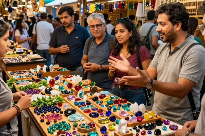 Gemstone market scene showcasing vibrant gemstones at https://www.mygemspot.com with enthusiastic buyers and a lively atmosphere.