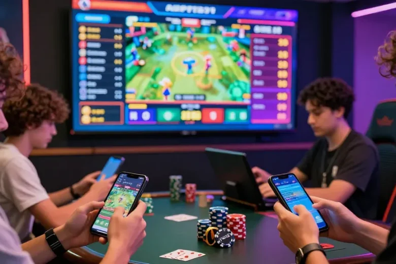 Engaged players enjoying grandbetting's live casino experience with colorful betting graphics and interactive devices.