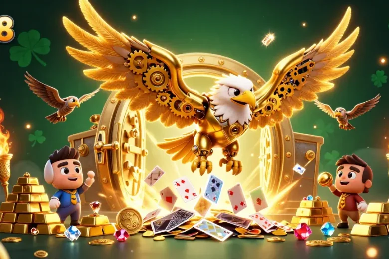 Win big with w88 at a vibrant online casino featuring a diving golden eagle in a treasure-filled scene.